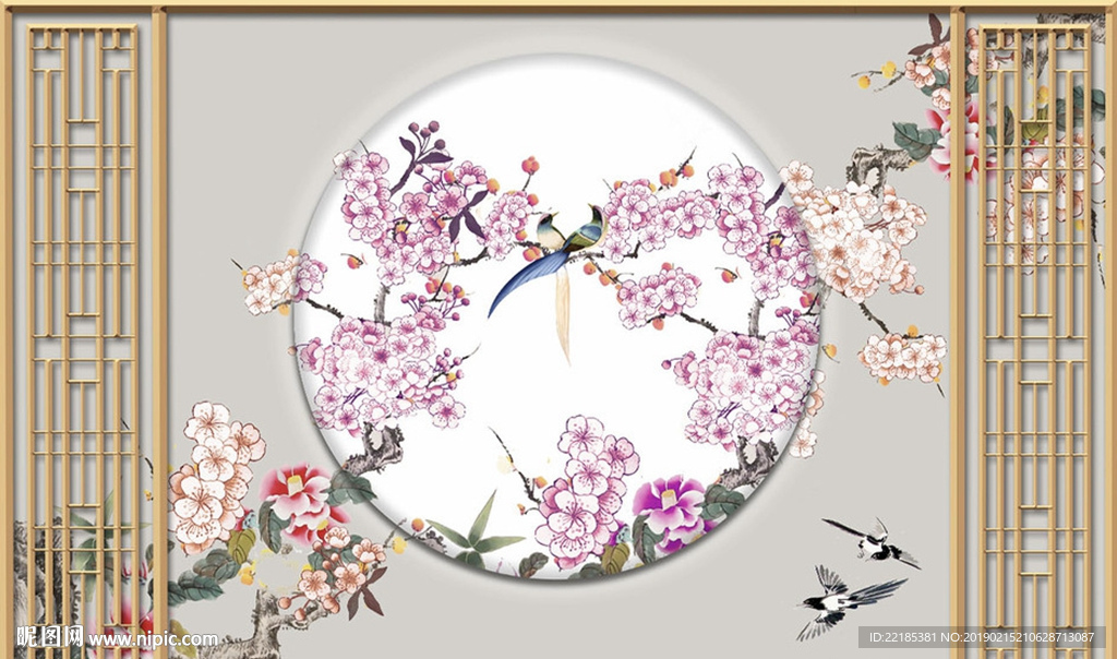 工笔花卉镂空浮框背景墙