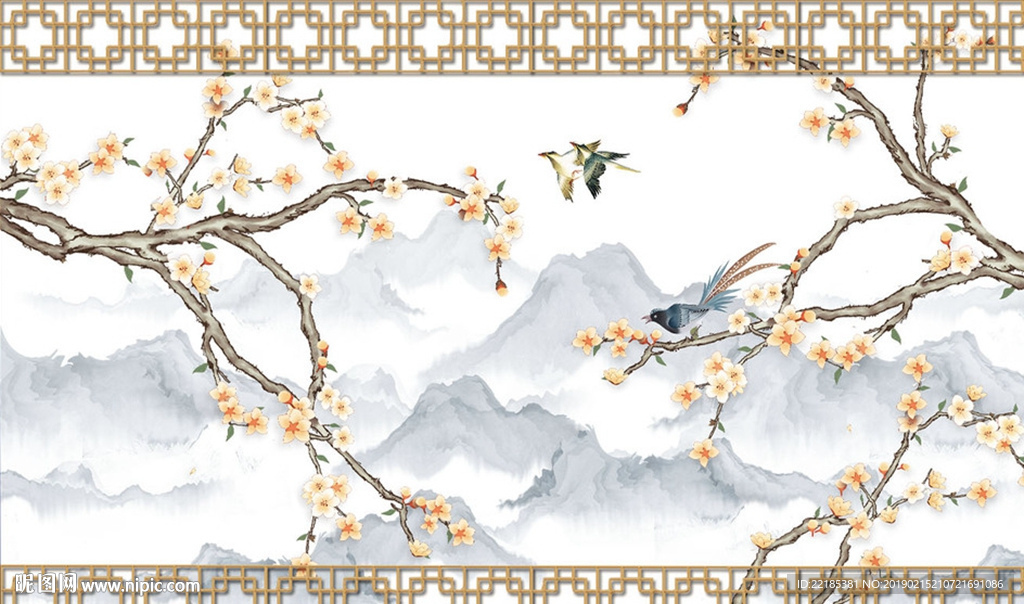 工笔简笔花卉山水植物背景墙