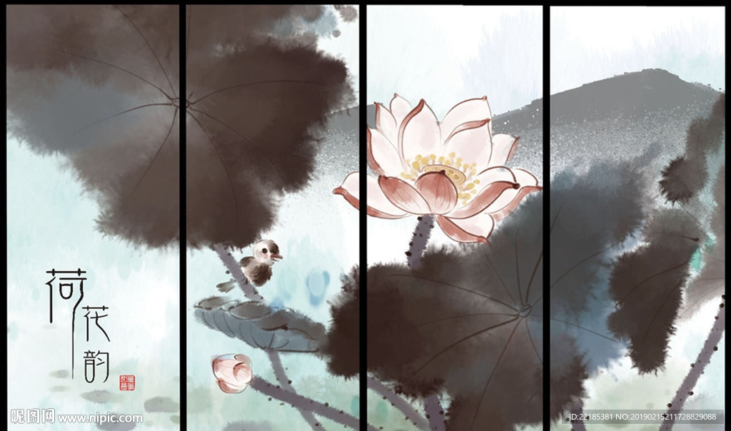 中式写意蓝色水墨荷花背景墙