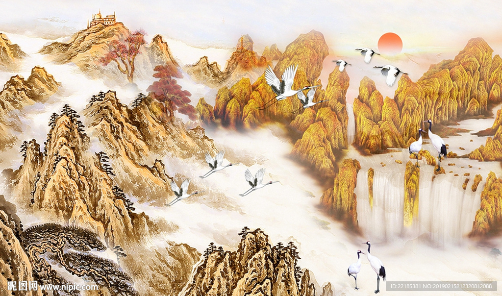 中国风国画山水白鹤背景墙