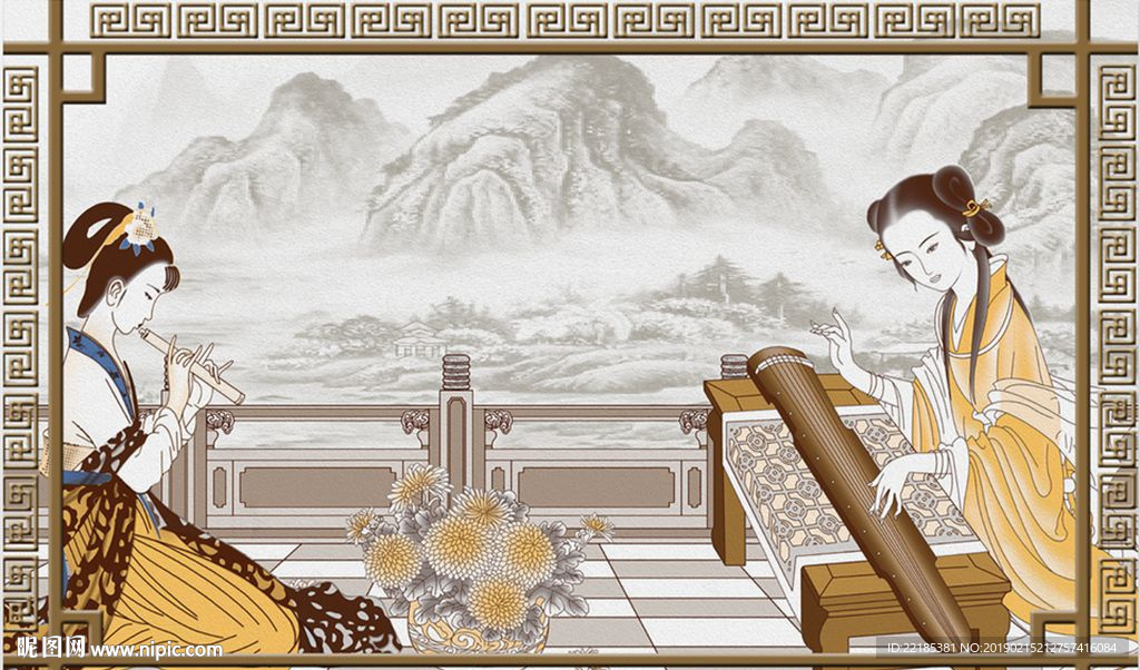 中式古代美女琴棋书画背景墙