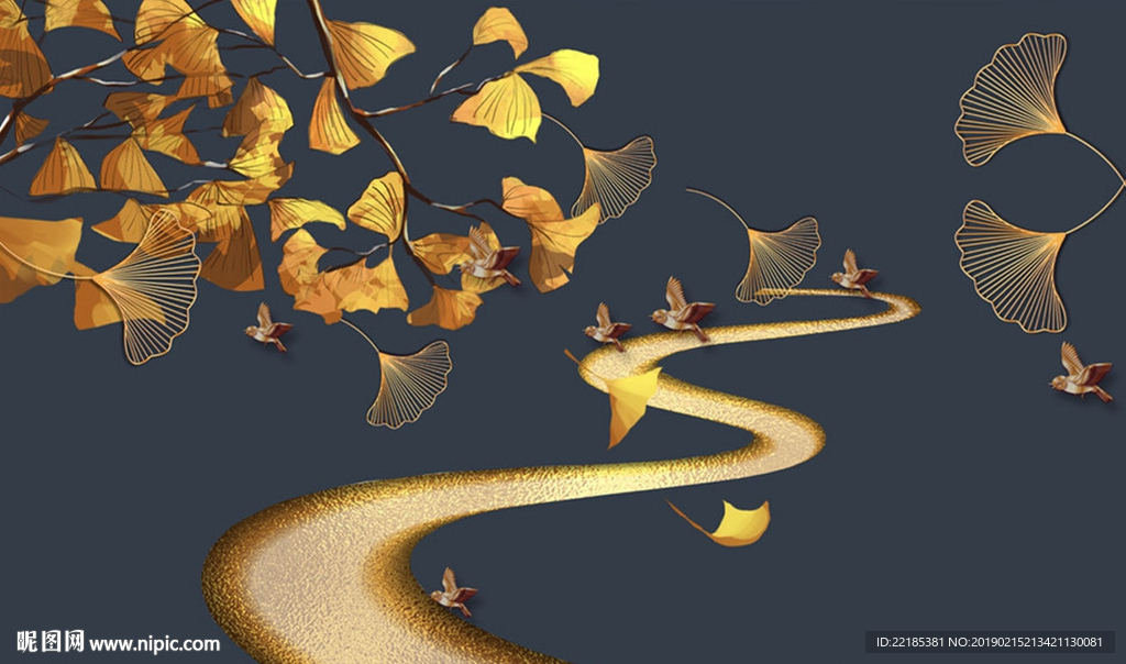 中式秋天银杏落叶小鸟背景墙