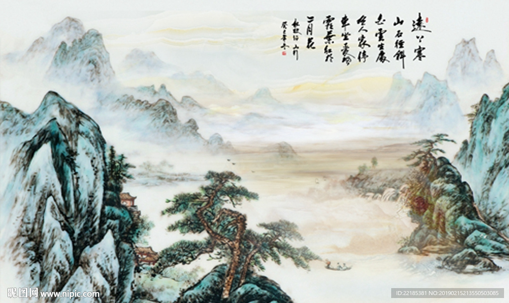 中式山水画大理石纹理背景墙