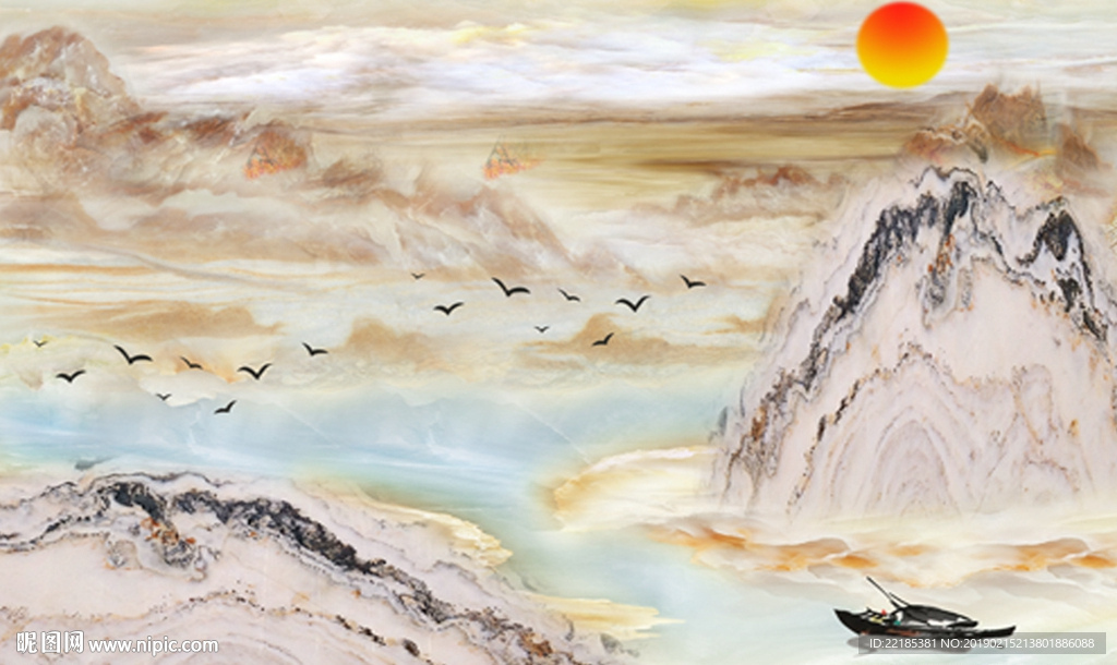 大理石山水旭日东升背景墙