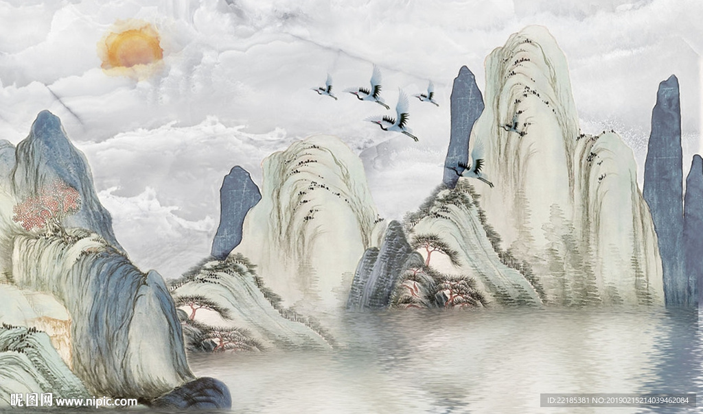 中式秀丽山水倒影风景背景墙