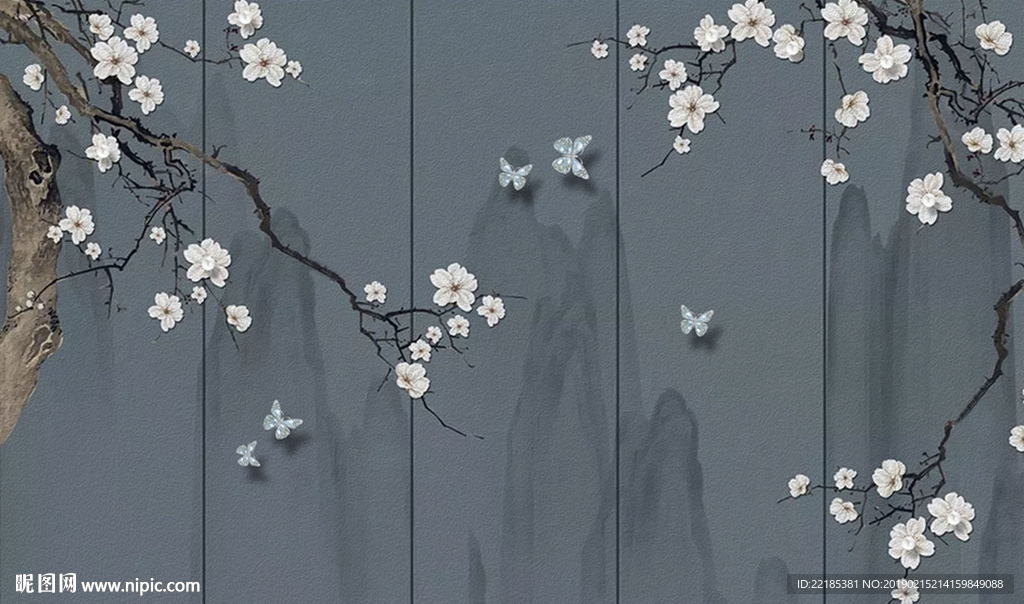 水墨山珠宝蝴蝶油画背景墙