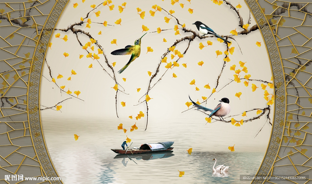 工笔花鸟河流天鹅小船背景墙