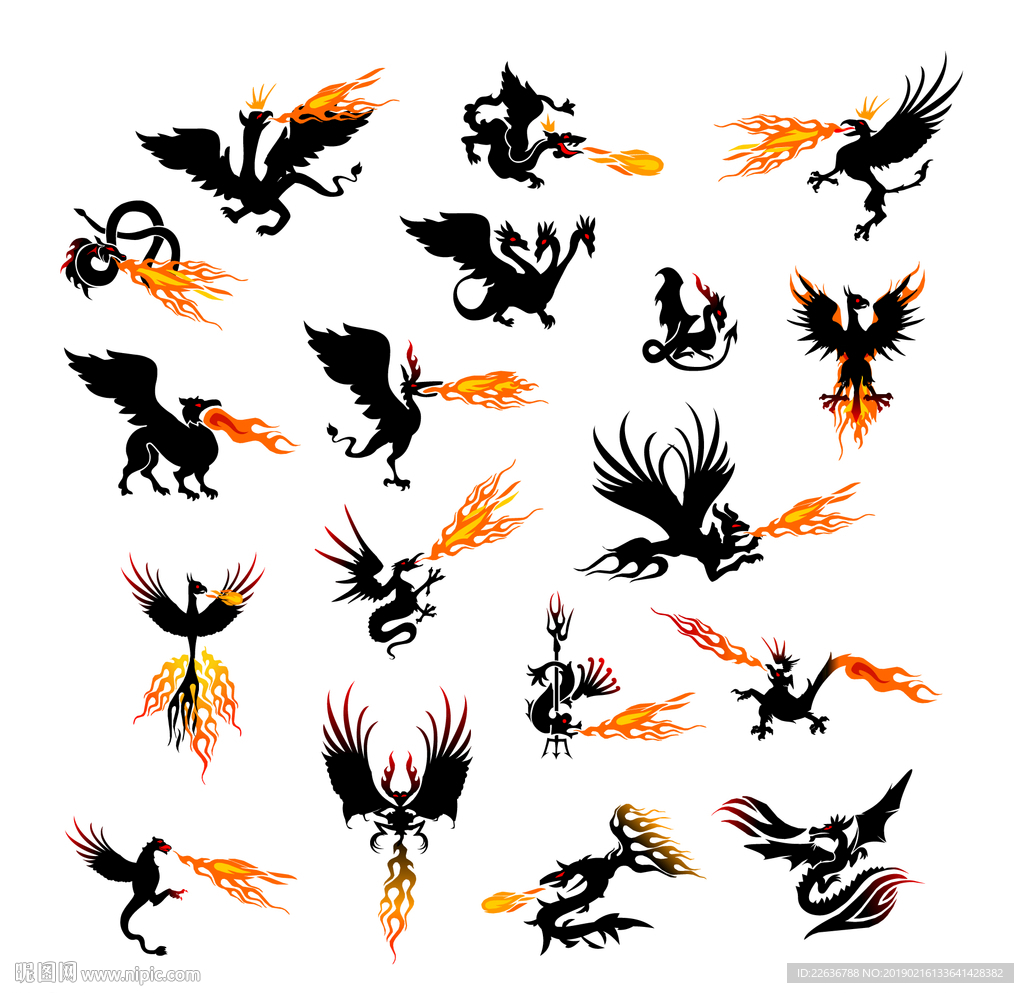 矢量龙凤凤凰喷火