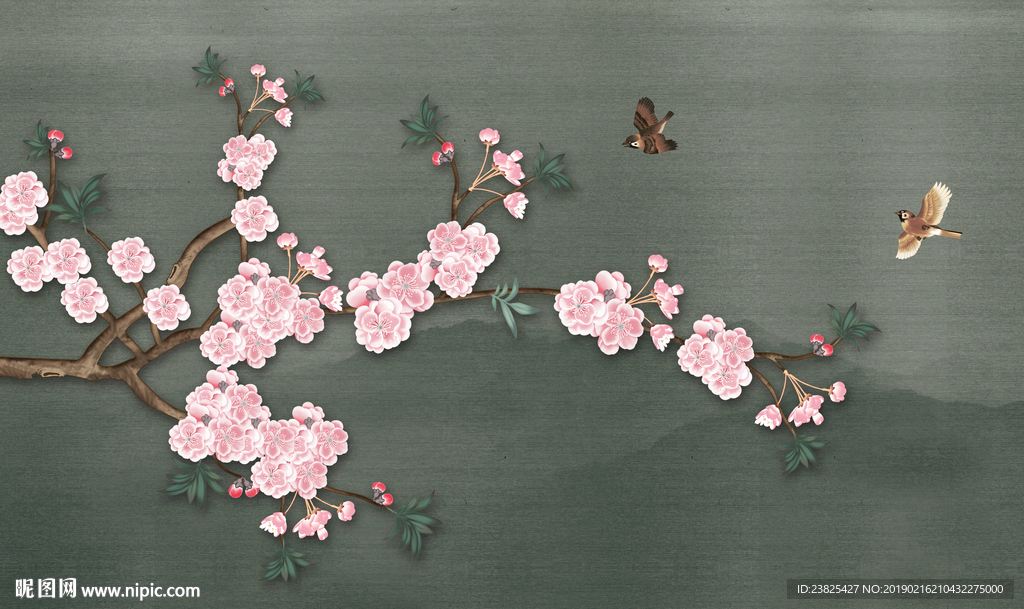 新中式手绘玉兰花鸟电视背景墙