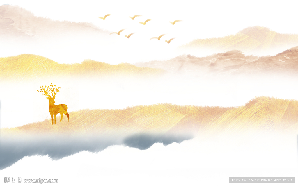 麋鹿中式创意抽象山水玄关屏风电