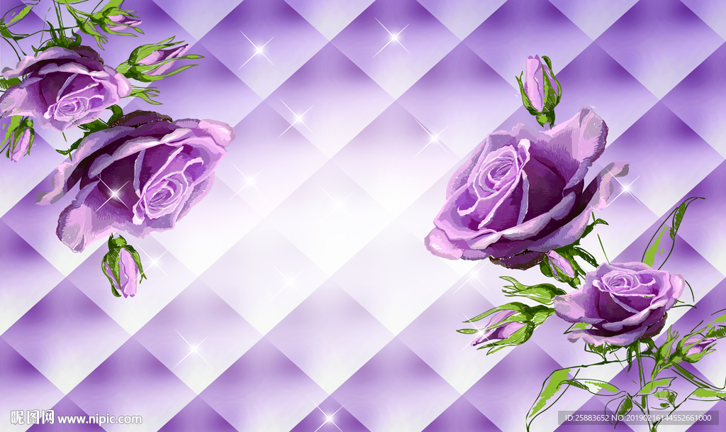 大气浪漫紫玫瑰3D电视背景墙