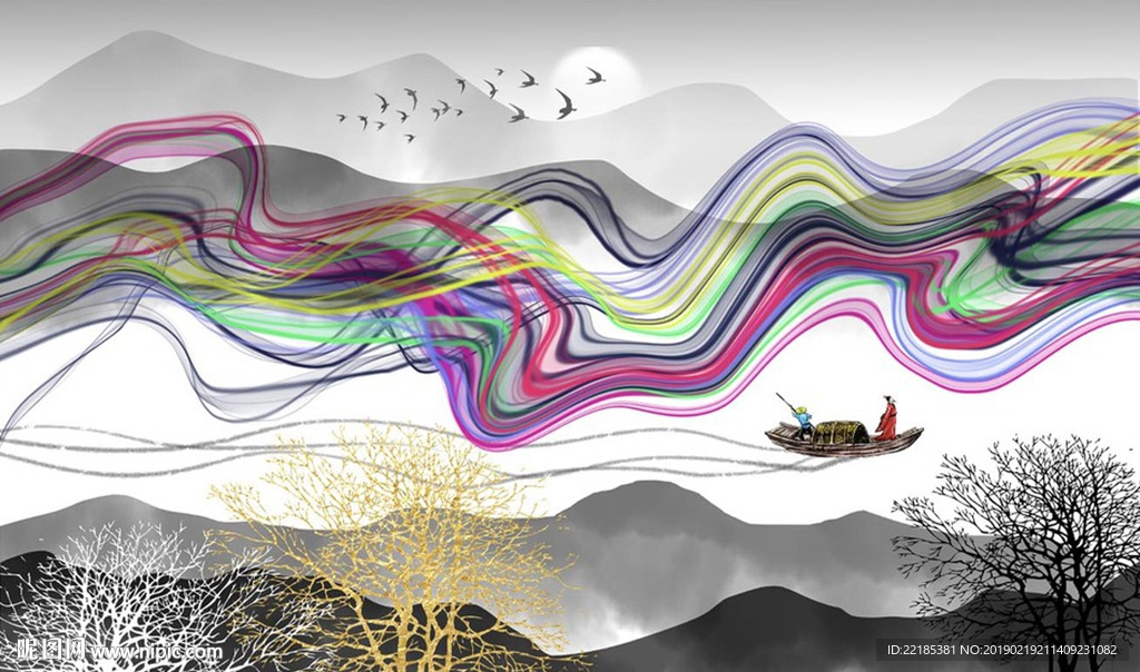 新中式抽象山水线条背景墙