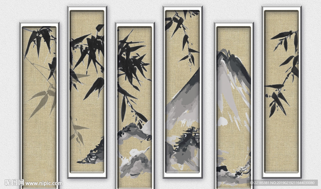 新中式复古山水竹林中国风背景墙