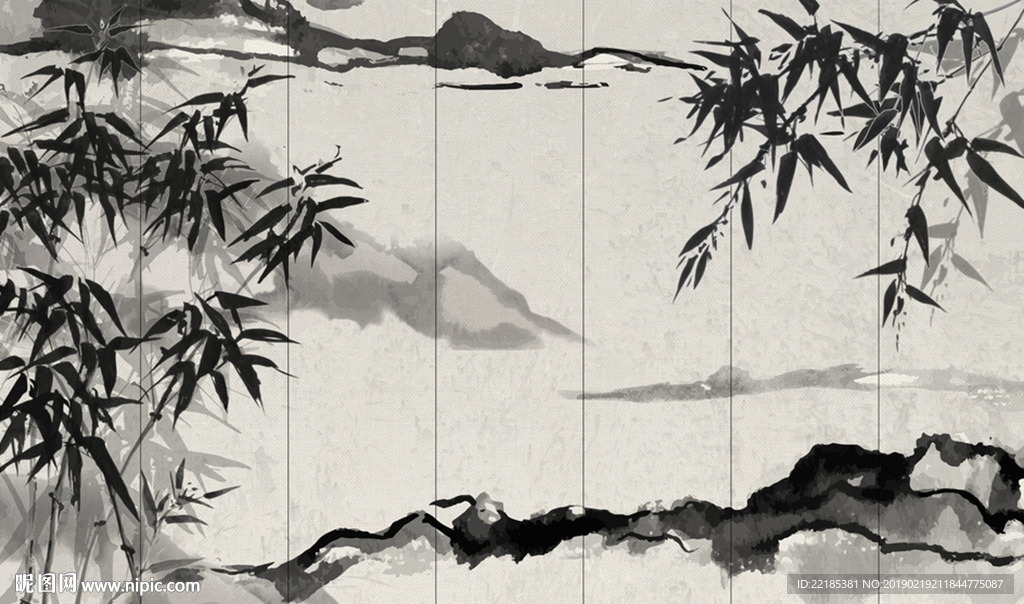 中式复古竹林山水背景墙