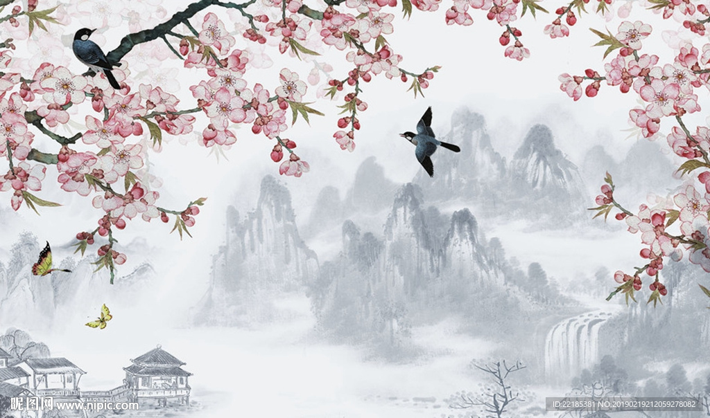 新中式工笔手绘花鸟山水背景墙
