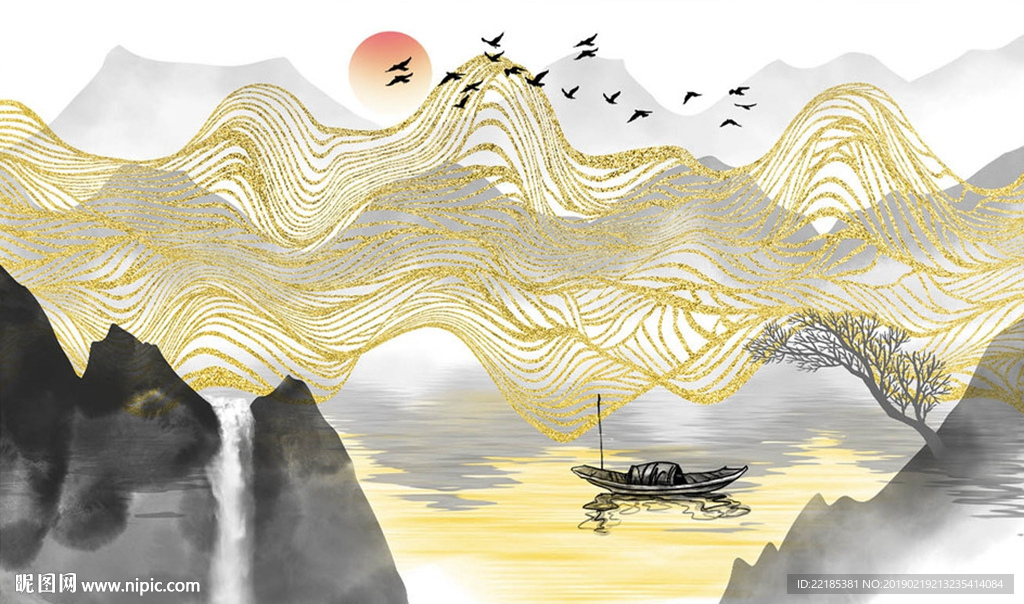 金色线条抽象山水画背景墙