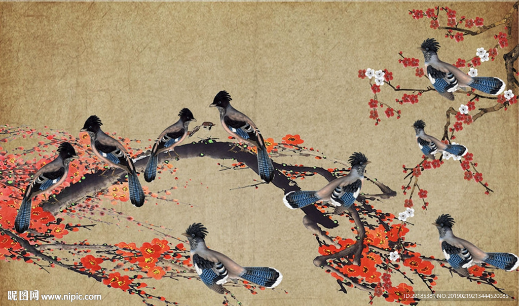 新中式梅花鸟群背景墙