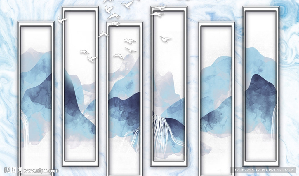 新中式唯美蓝色意境山水背景墙