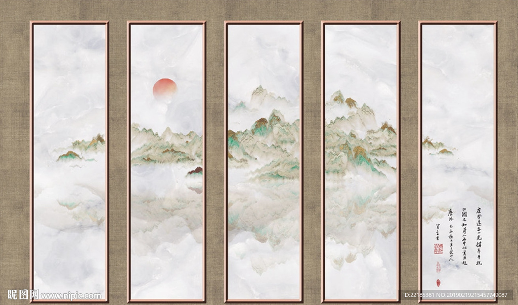 简约水墨山水大理石中式背景墙