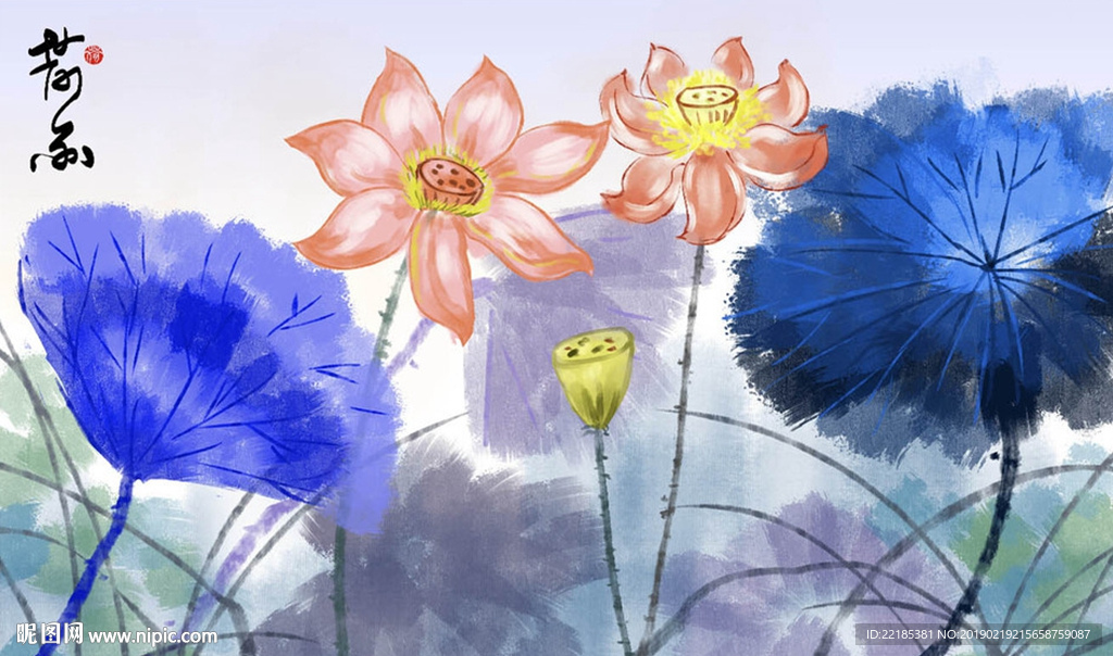 新中式写意水墨荷花图背景墙