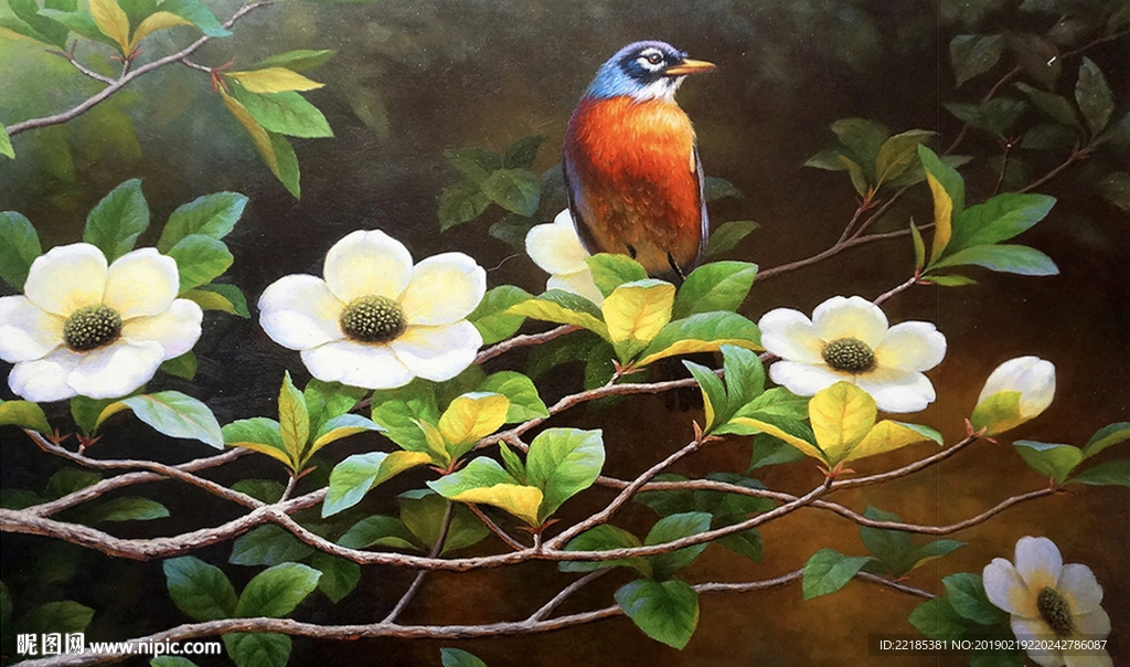 新中式油画花鸟茶花背景墙