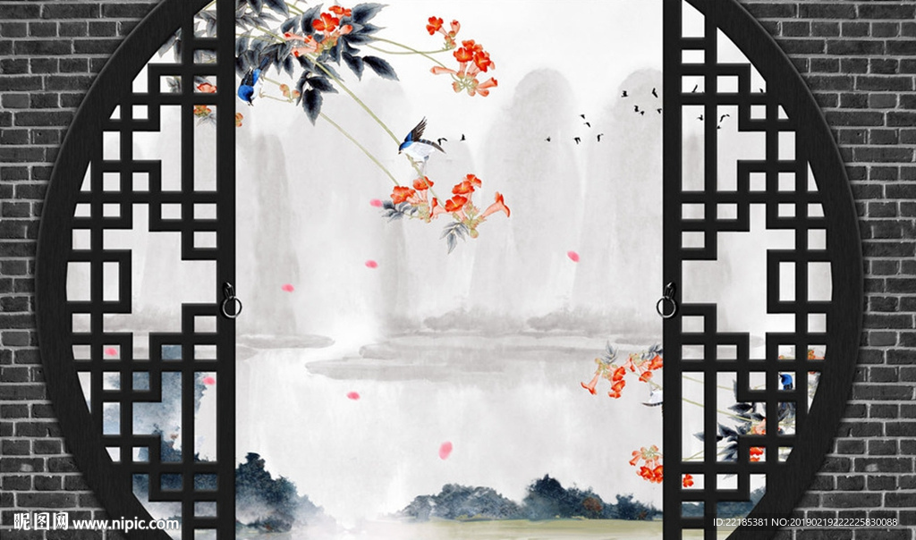 牡丹花山水风景背景墙