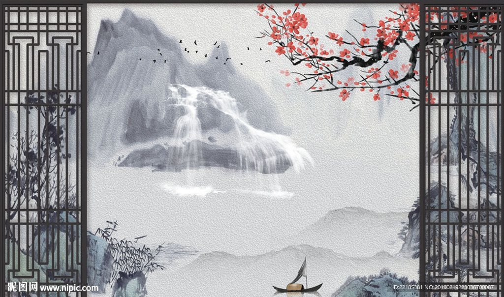 山水风景梅花花枝油画背景墙