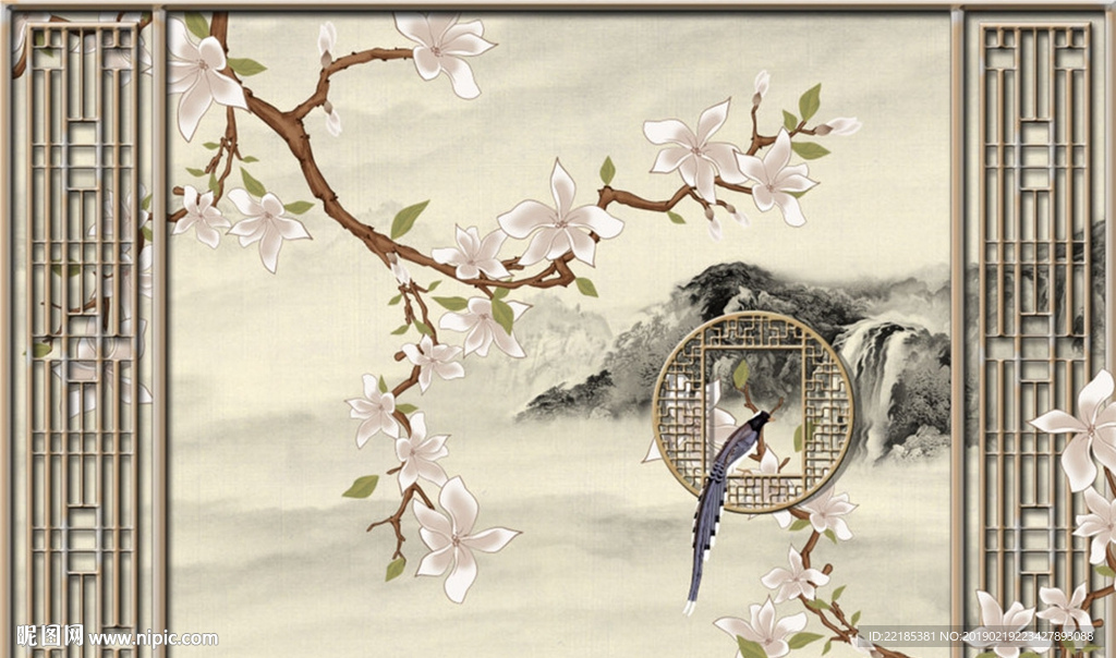 中式玉兰花工笔花鸟背景墙