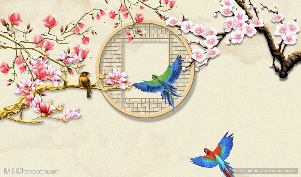 中国风梅花鹦鹉小鸟背景墙