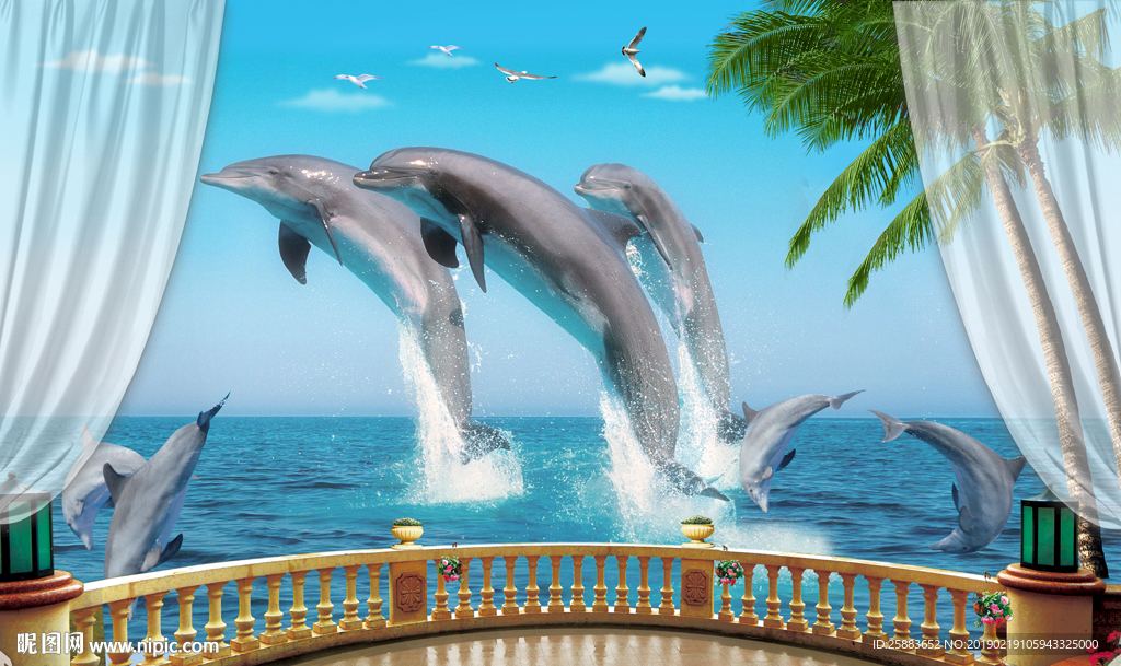 阳台大海海豚3D电视背景墙