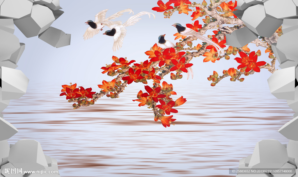 花鸟砖墙3D电视背景墙