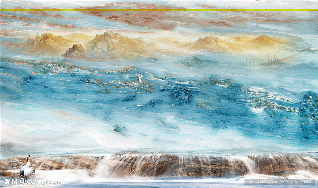 3D天然瀑布山水大理石纹背景墙