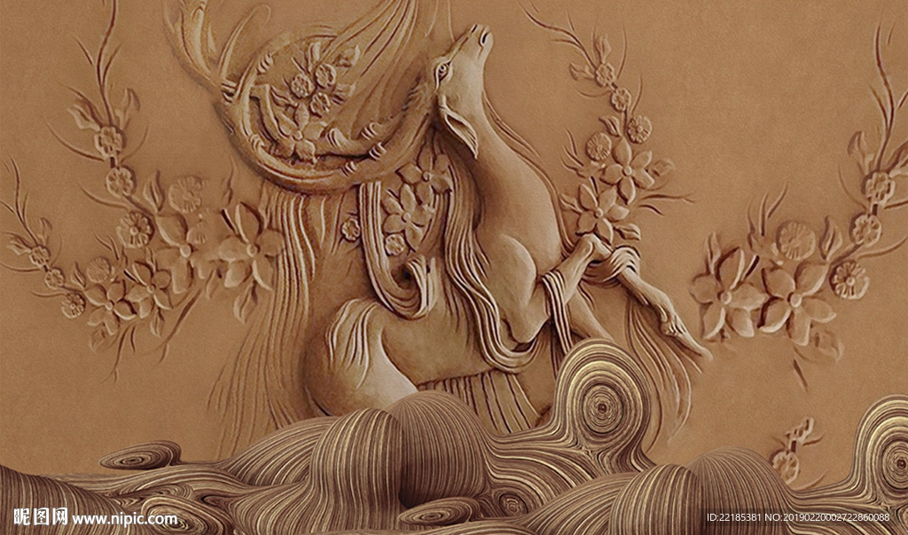 立体浮雕金色麋鹿财鹿背景墙