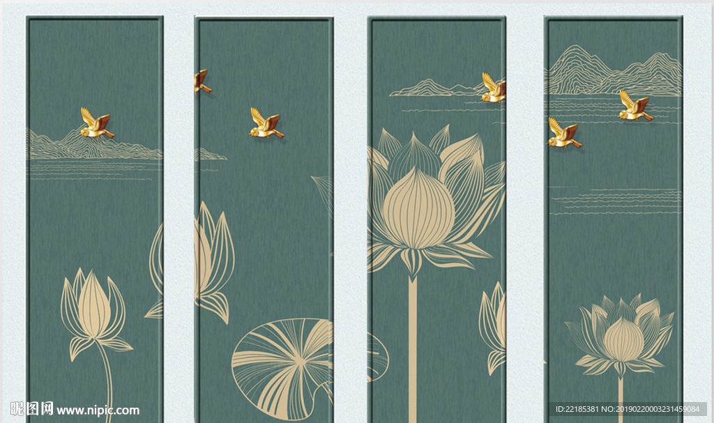 现代简约手绘线条荷花背景墙