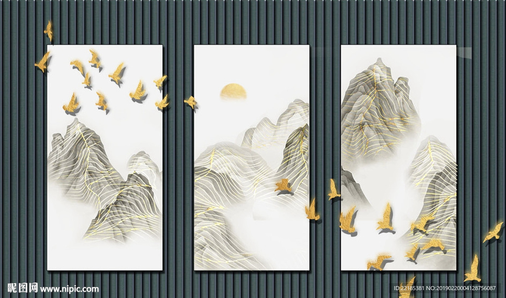 抽象金丝水墨山水金鸟背景墙