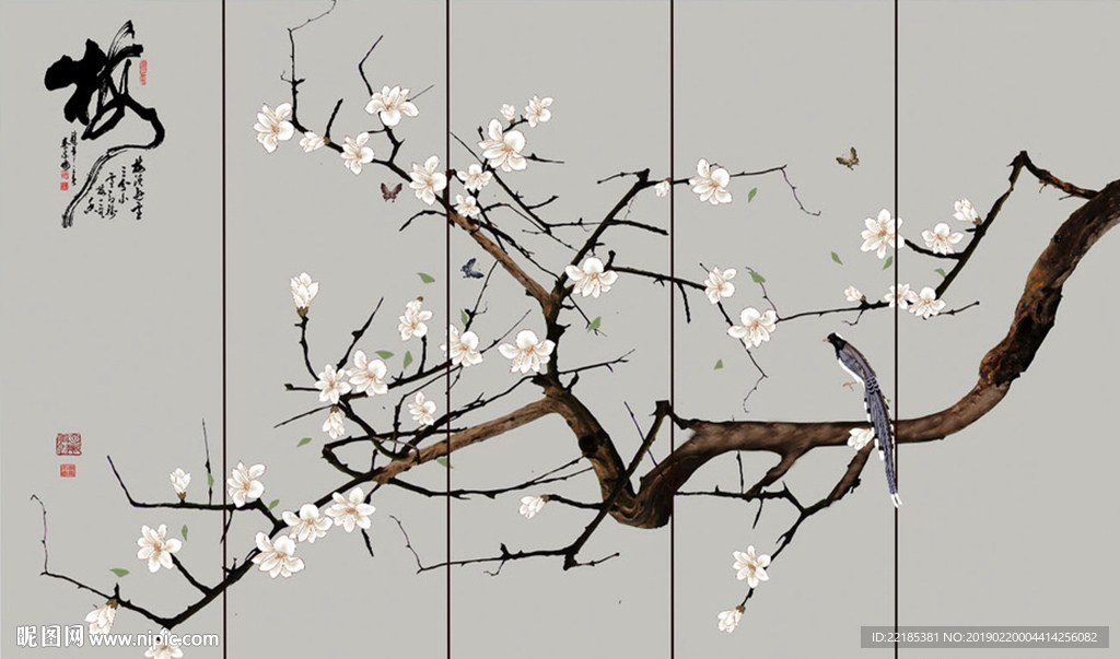 新中式工笔手绘花卉背景墙