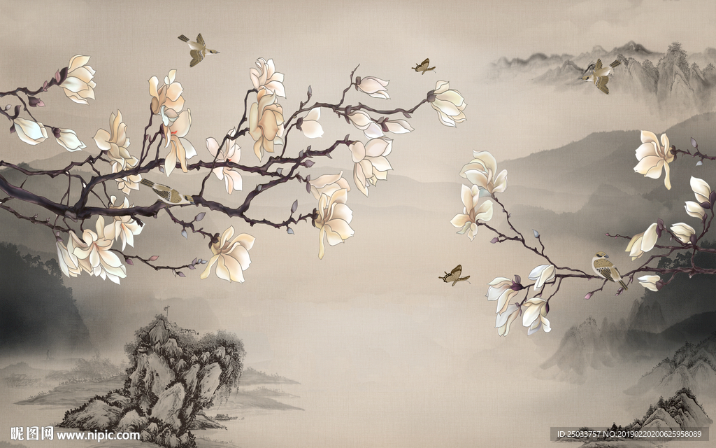式水山水花鸟玄关屏风电视背景墙