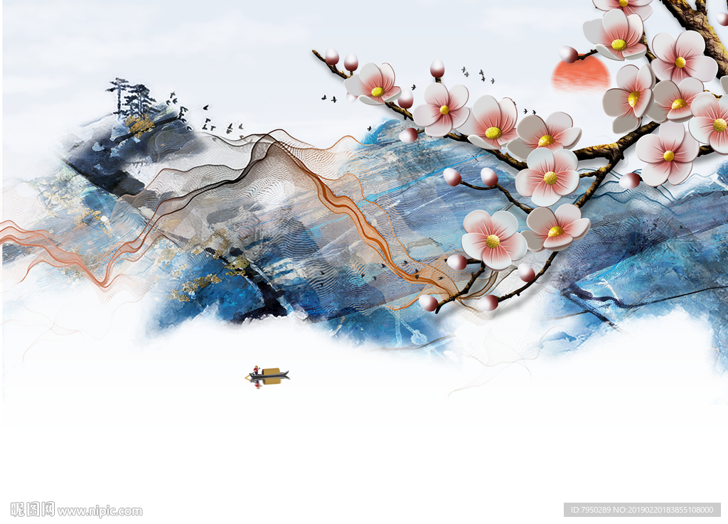 新中式水墨烟雾花鸟背景墙