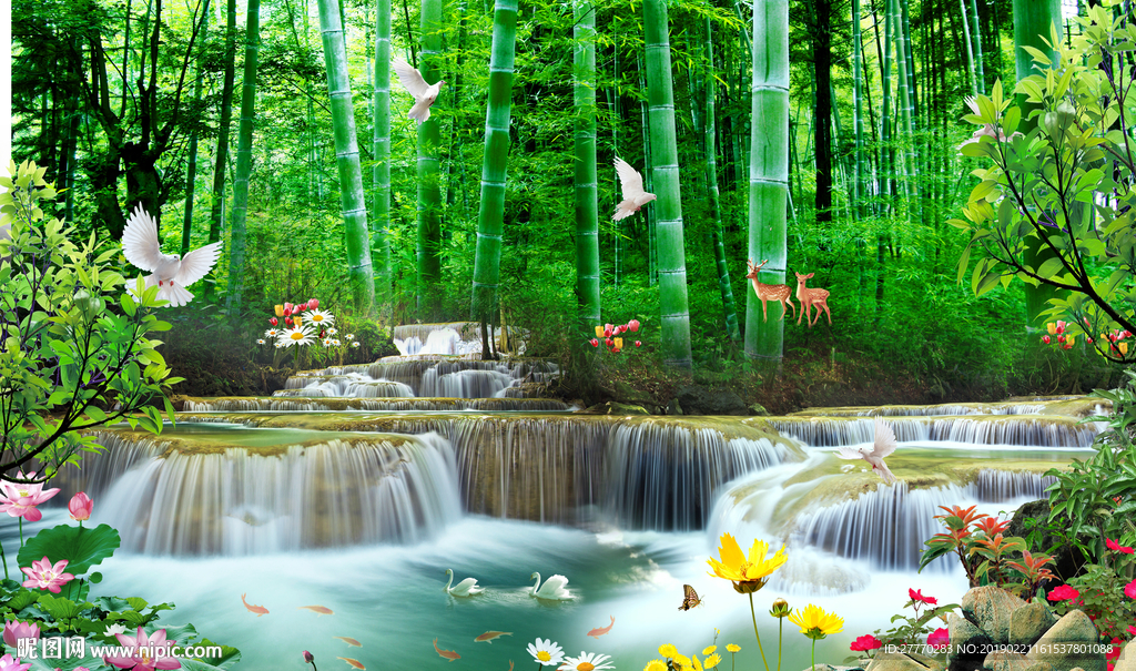 山水风景瀑布流水生财电视背景墙