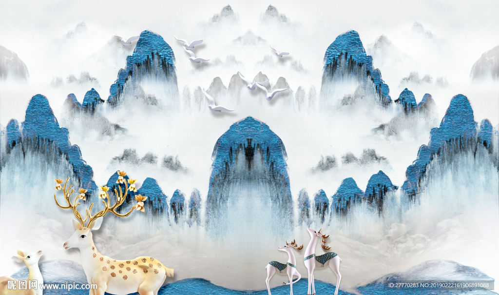 新中式抽象金色山水麋鹿背景墙