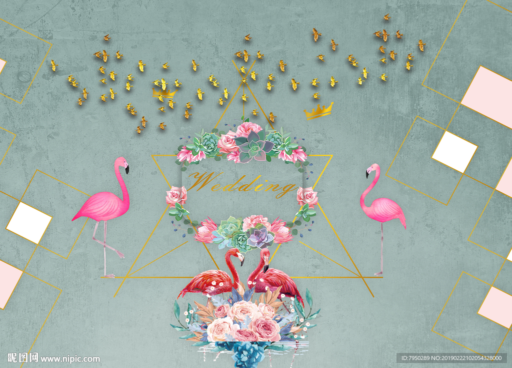 北欧风火烈鸟背景墙