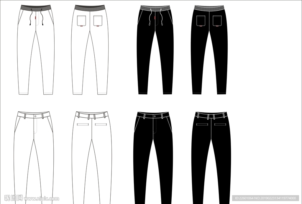 男装针织裤款式图CDR矢量图