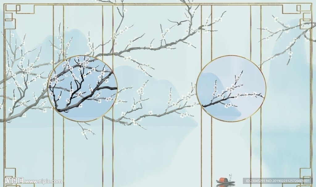 彩雕新中式山水花鸟背景墙