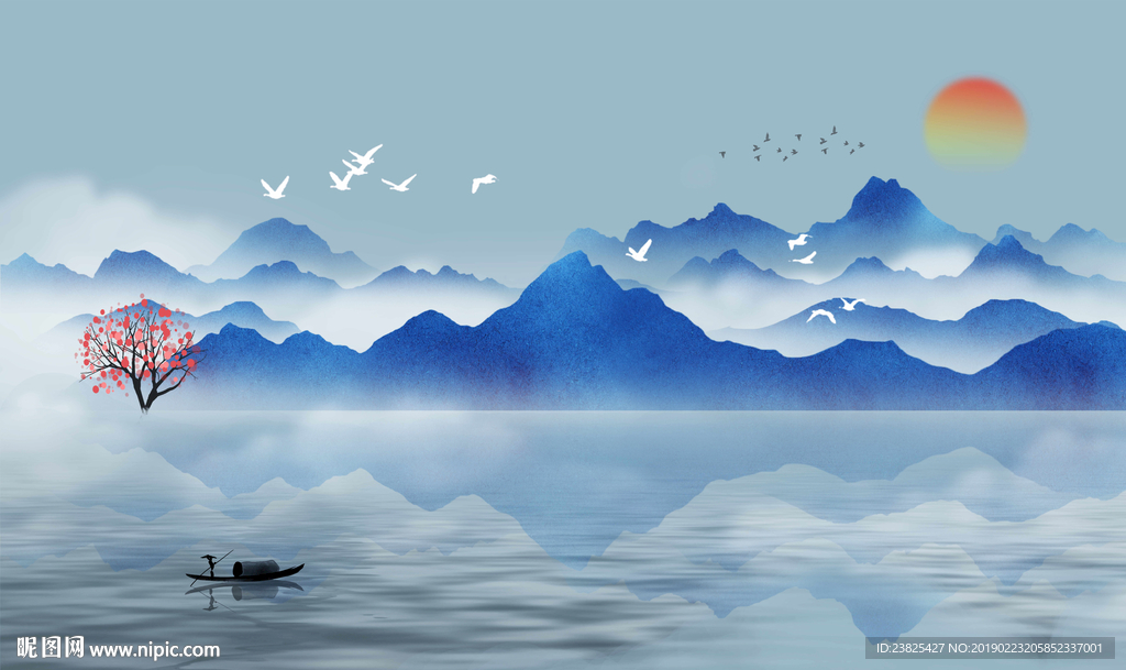 新中式抽象水墨山水电视背景墙