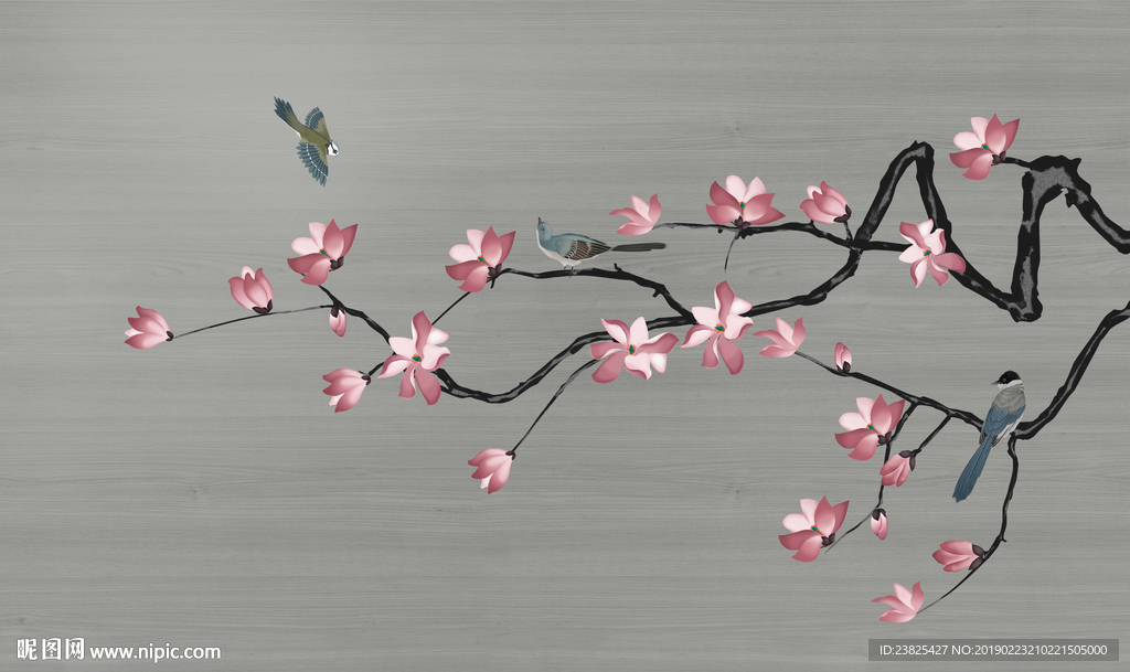 新中式手绘玉兰花鸟电视背景墙