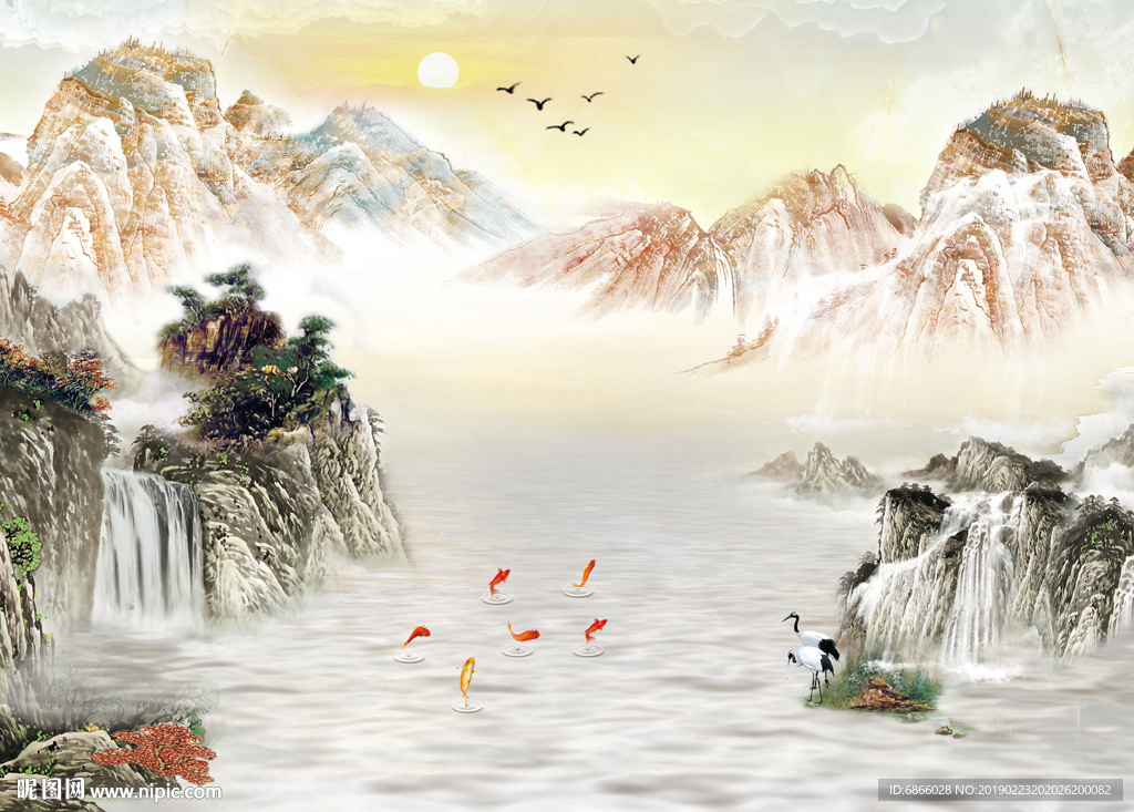 新中式电视背景墙装饰画山水画图片