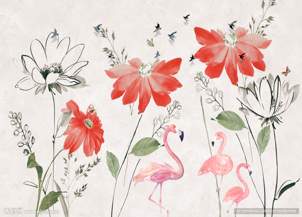 北欧火烈鸟背景墙