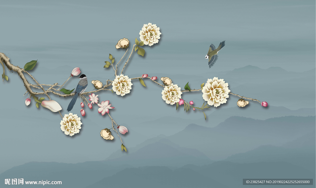 新中式手绘花鸟山水电视背景墙