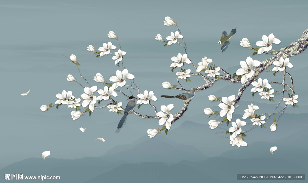 新中式手绘工笔玉兰花电视背景墙