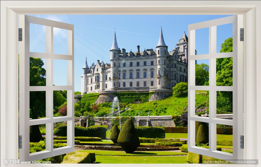 3D窗外阳光城堡背景墙